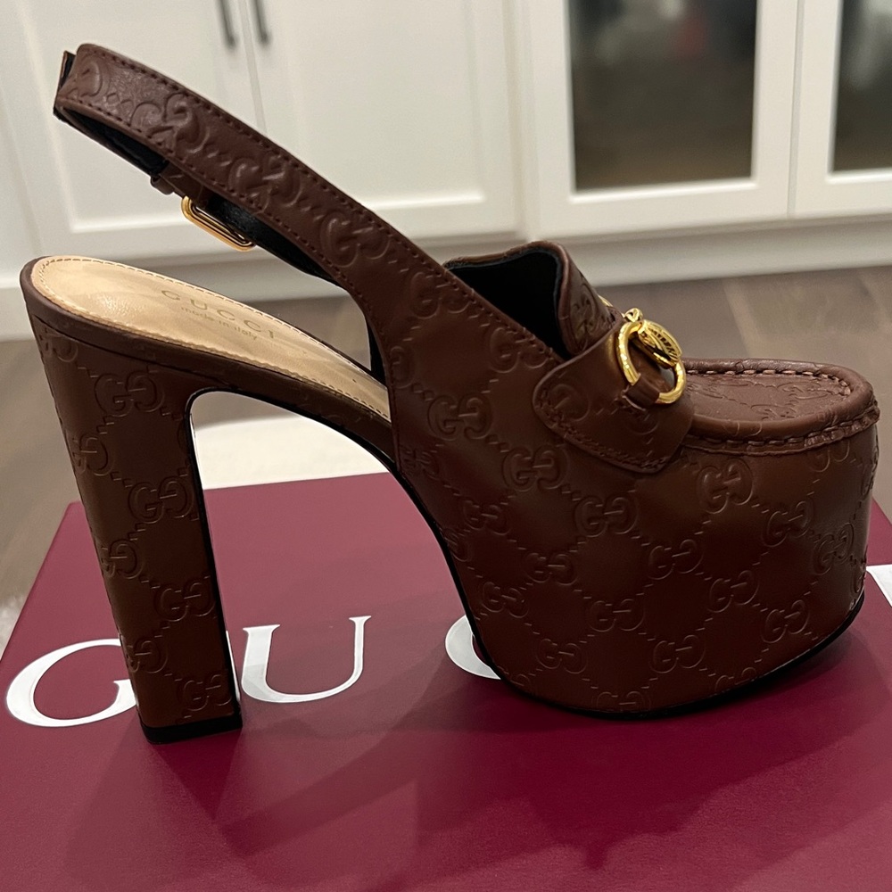 Gucci Brown Embossed Platform Slingbacks